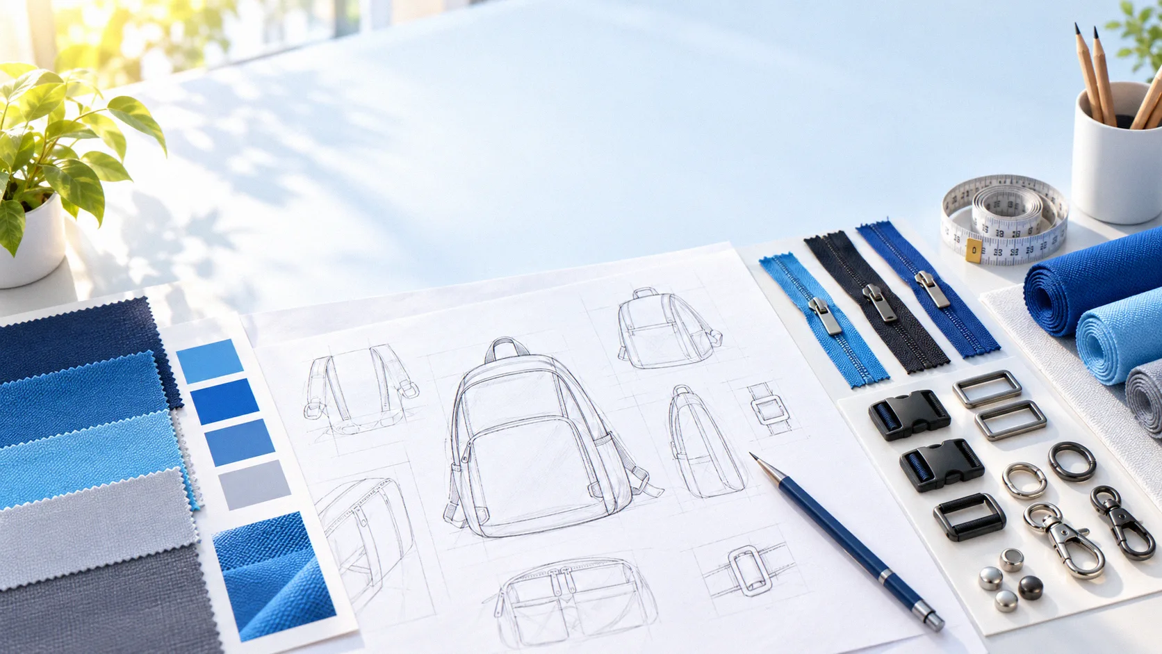 Bag development desk with sketches, patterns and material swatches