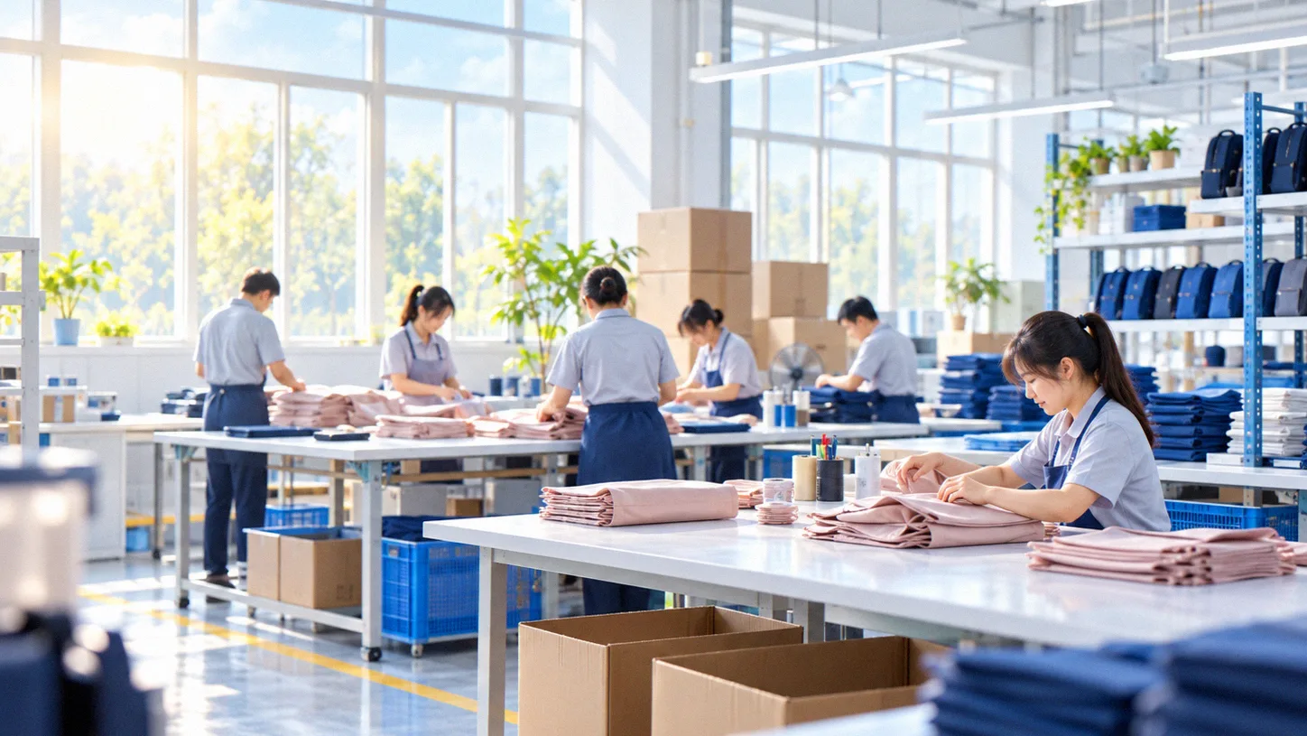 Workers on the production floor of the bag manufacturing hall