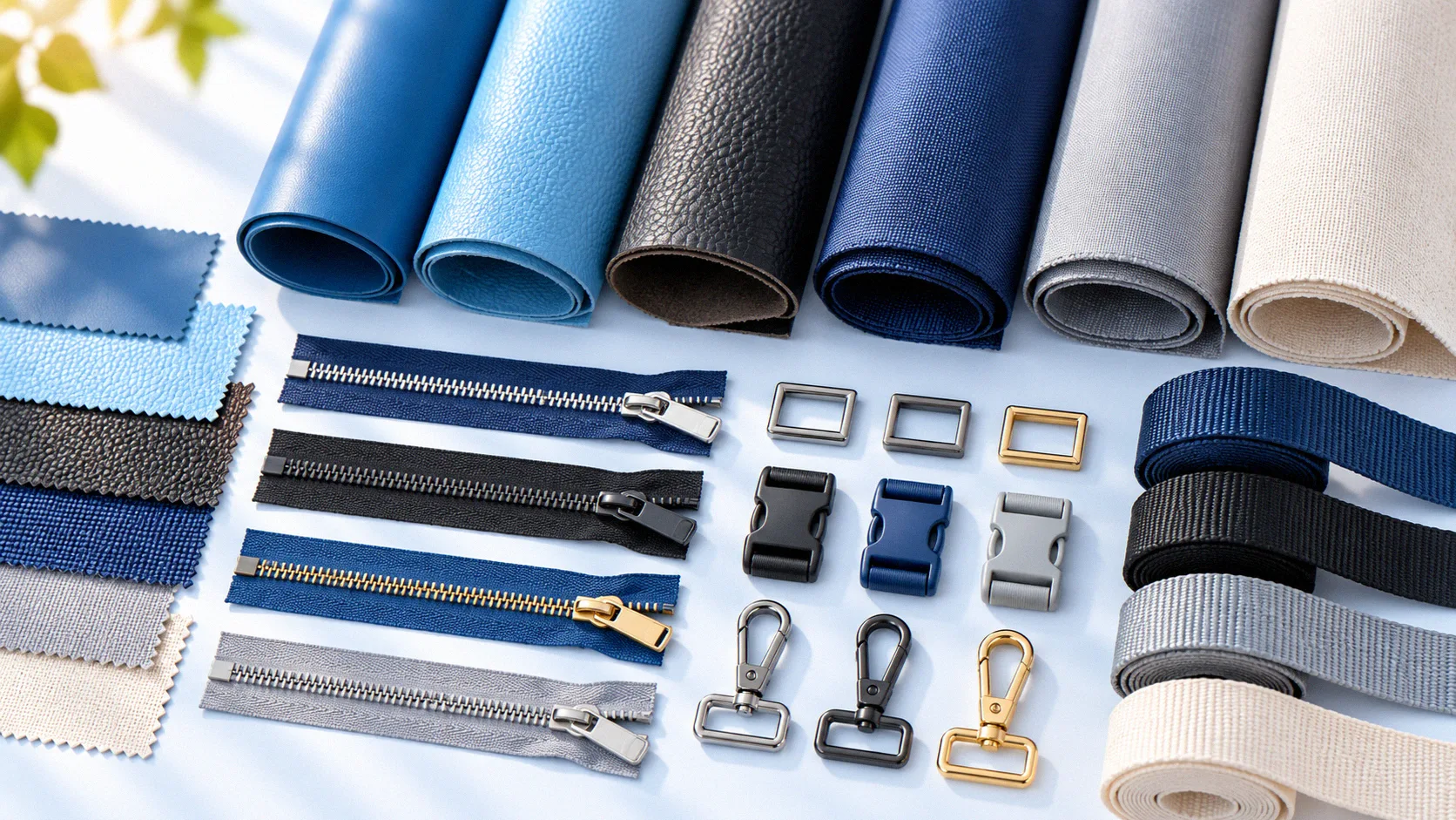 Flat lay of bag fabrics, leather swatches, zippers and metal hardware