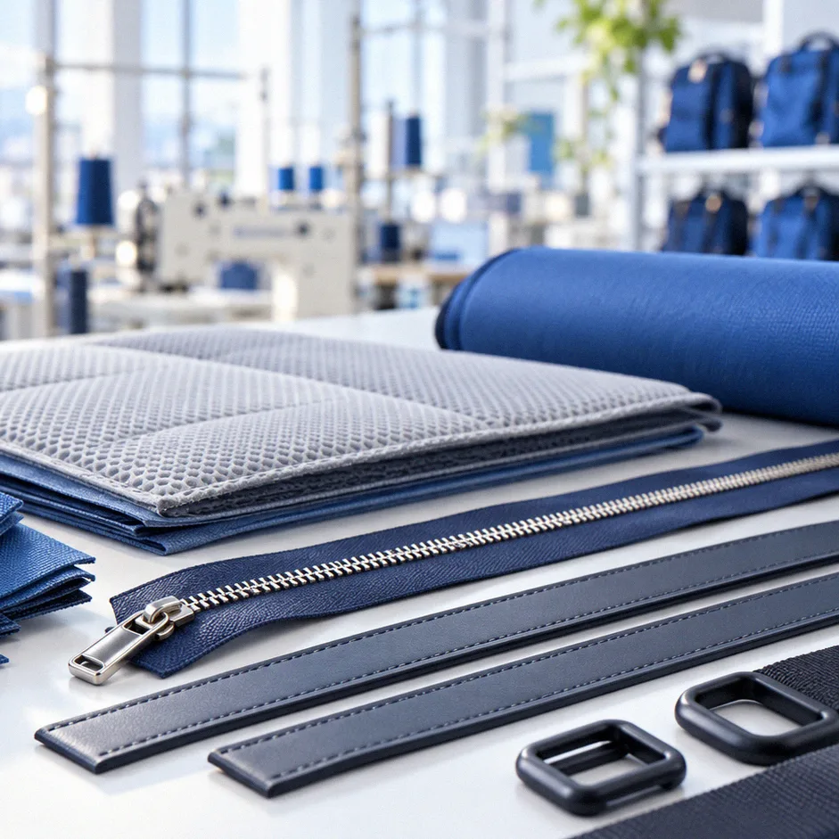 Commuter bag fabric panels laid out with zippers and metal fittings
