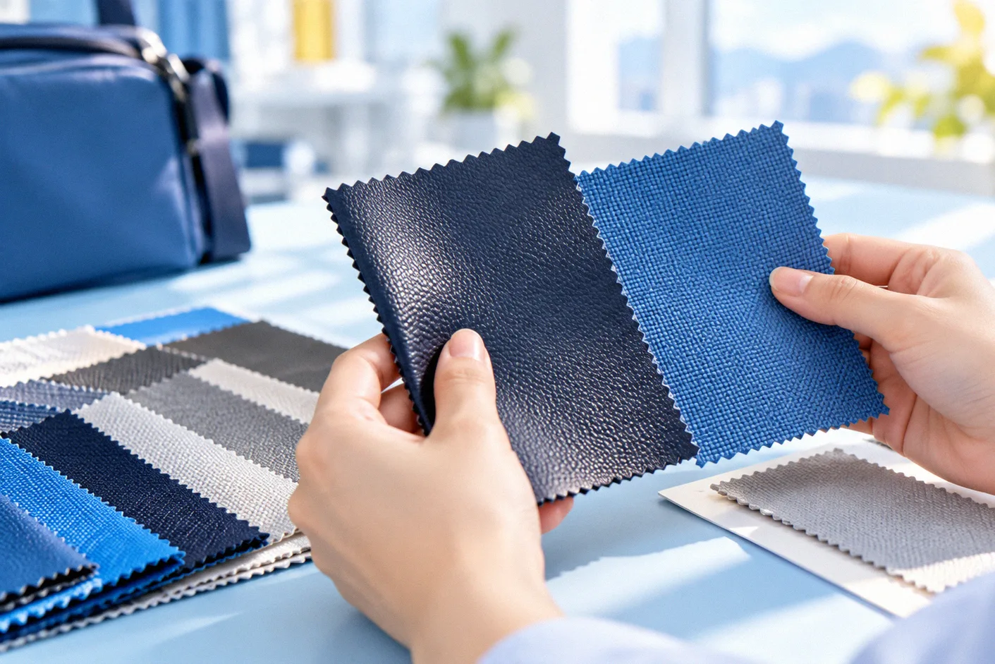 Hands comparing fabric and leather swatches during a sourcing review