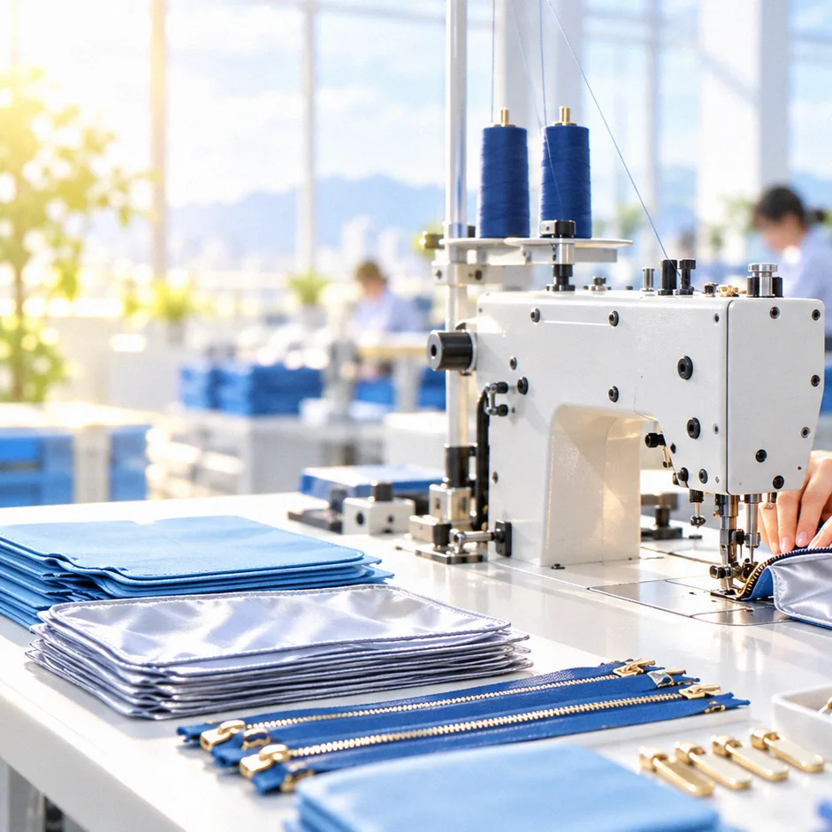 Small cosmetic pouch components being sewn on a precision machine