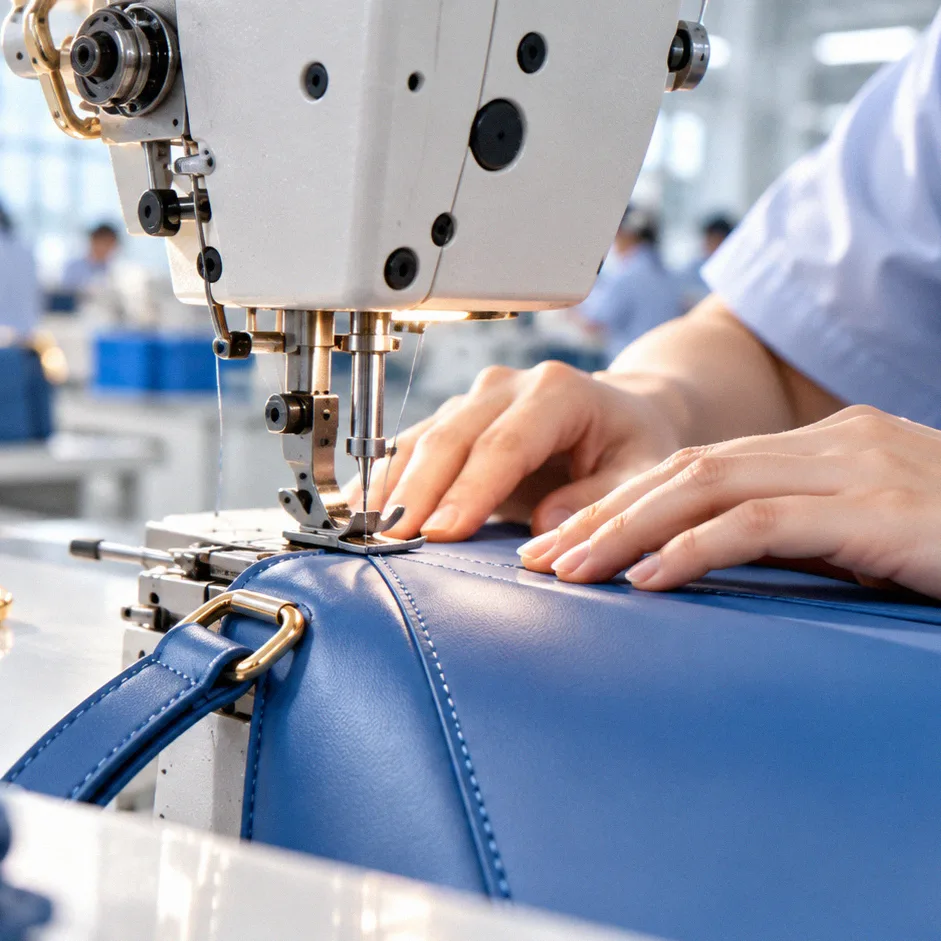 Worker sewing a handbag panel on an industrial machine in a bag factory
