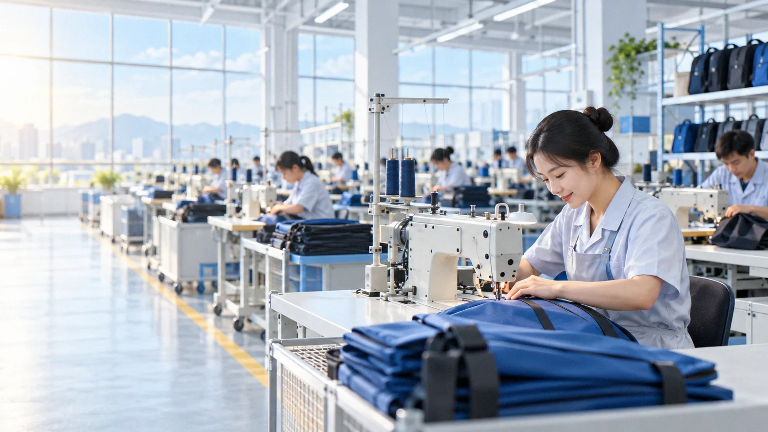 Sewing workshop where bag panels are assembled in daylight