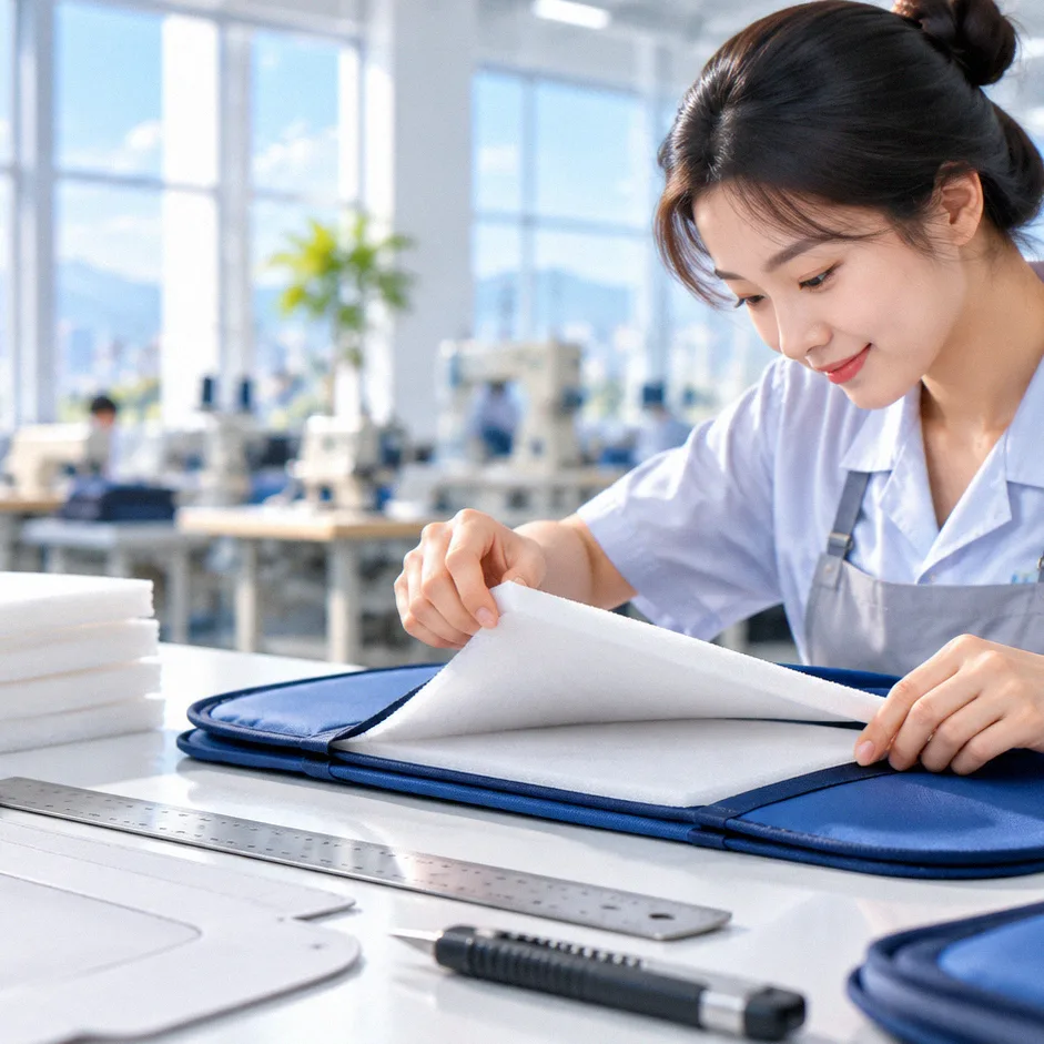 Protective foam padding being fitted during laptop bag assembly