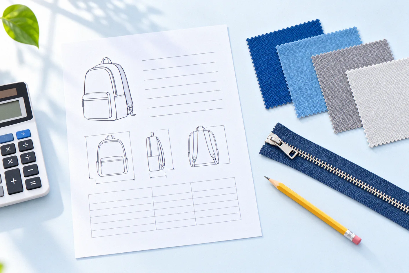 Desk flat lay with a manufacturing cost estimate, calculator and fabric swatches