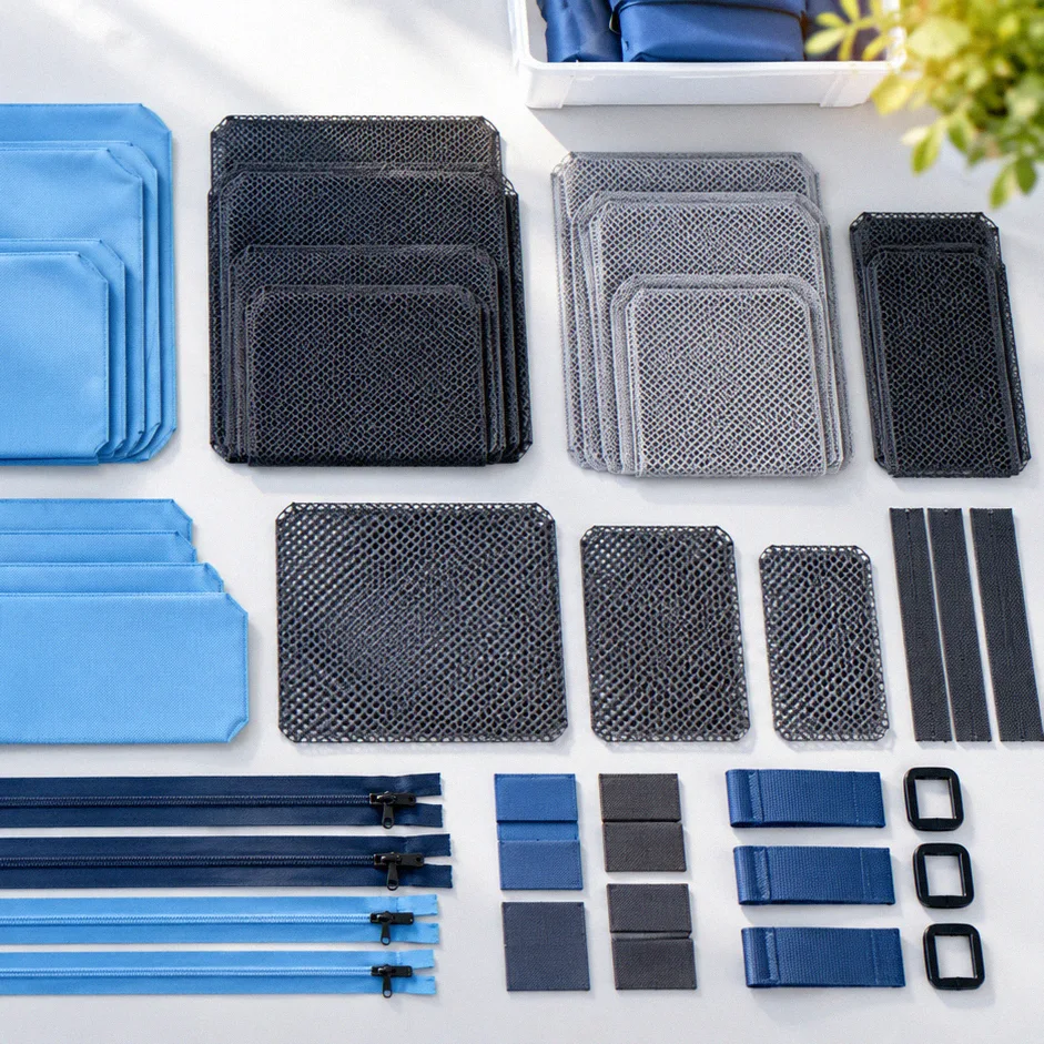 Sorted cut fabric pieces for organizer pouches arranged by size on a work table