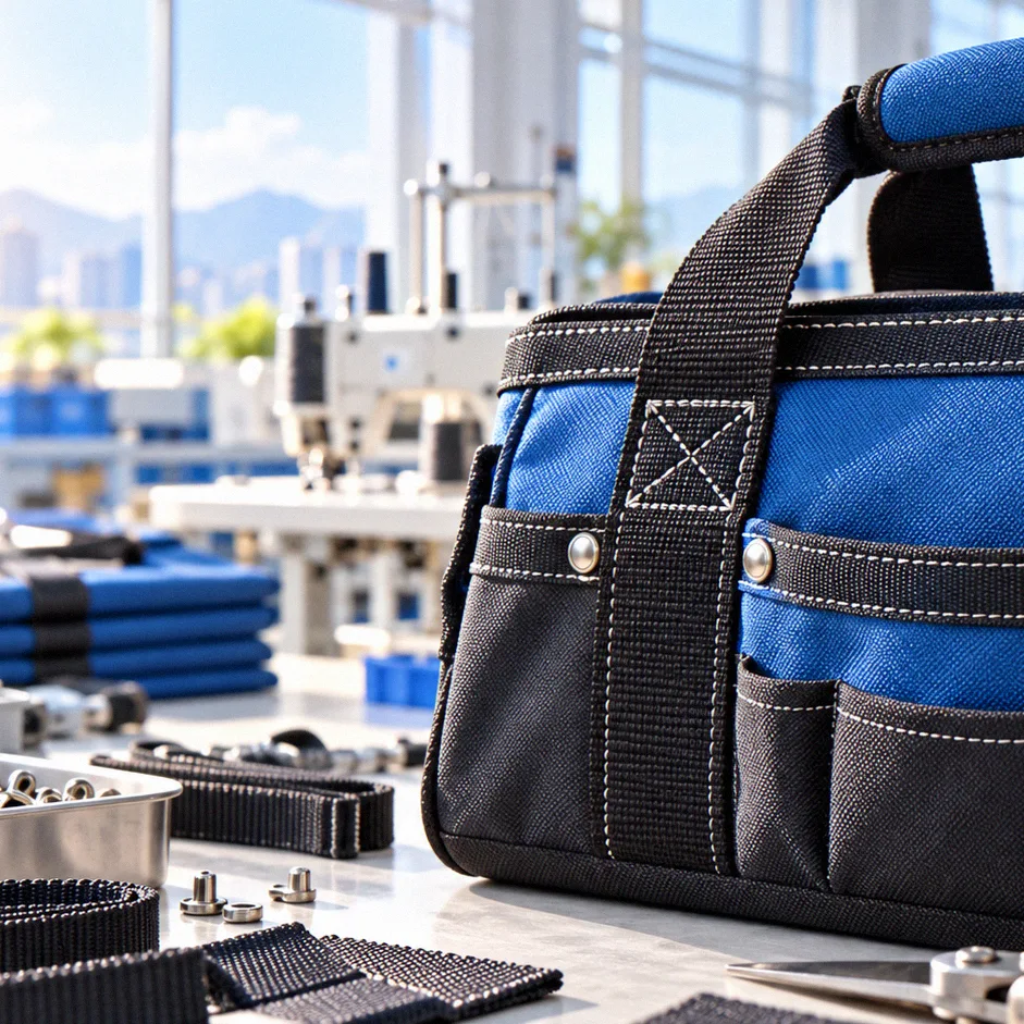 Reinforced canvas tool bag panel being stitched with heavy-duty thread