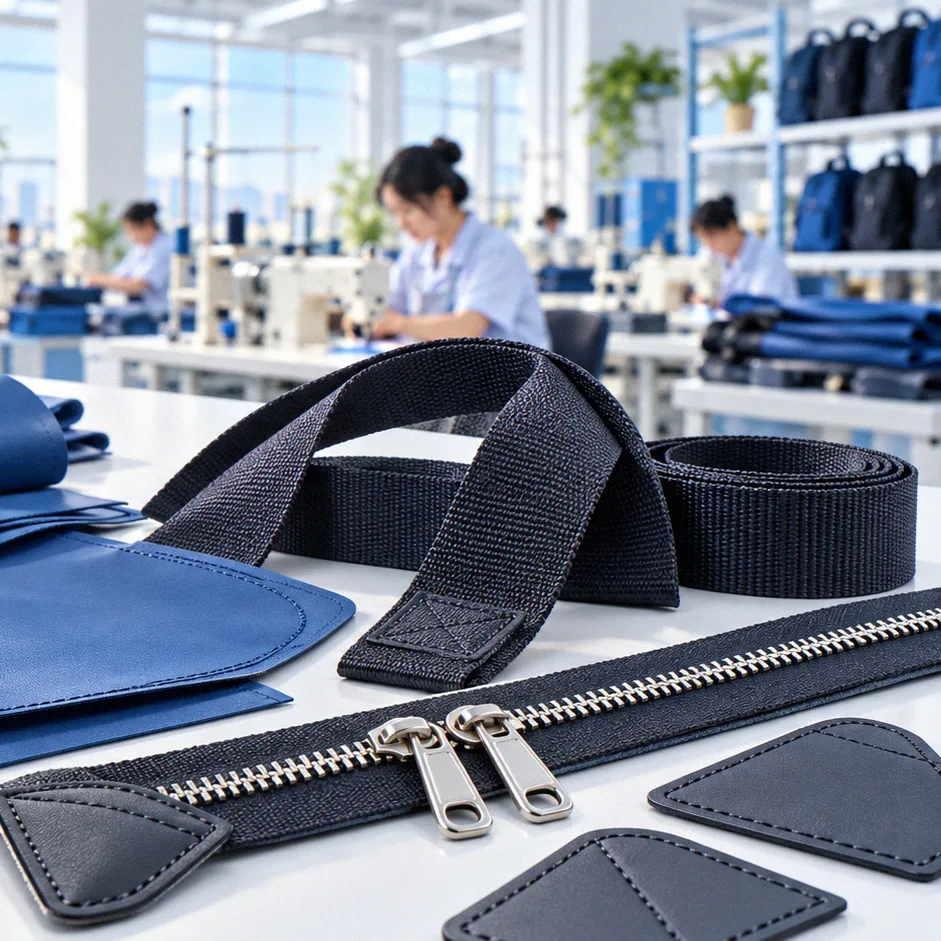 Heavy-duty fabric panels and components prepared for travel bag production
